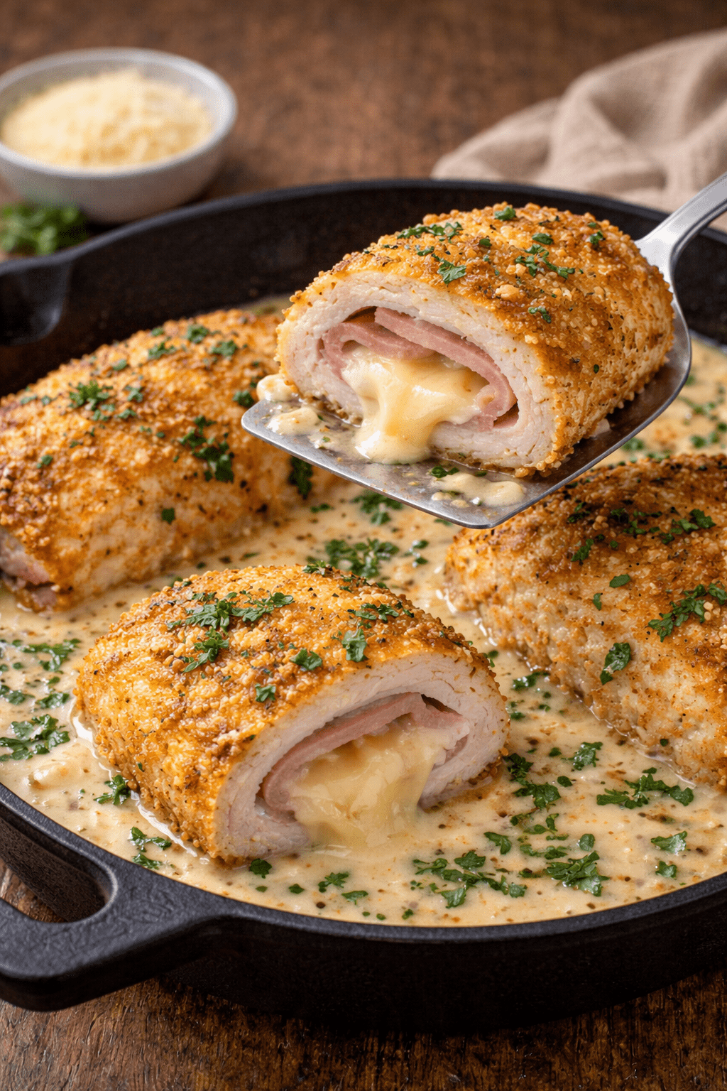 Peito de frango empanado e recheado com queijo derretido e presunto