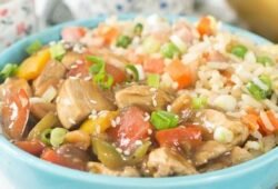 carne com xadrez com arroz chop suey