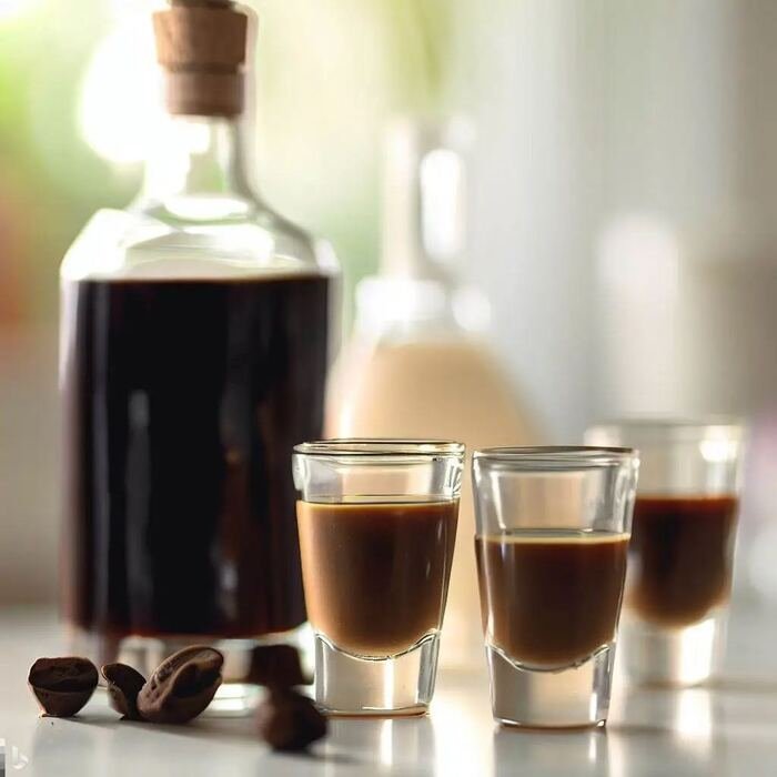 Licor de Café Caseiro, castanho escuro e brilhante, servido em copos pequenos sobre uma mesa