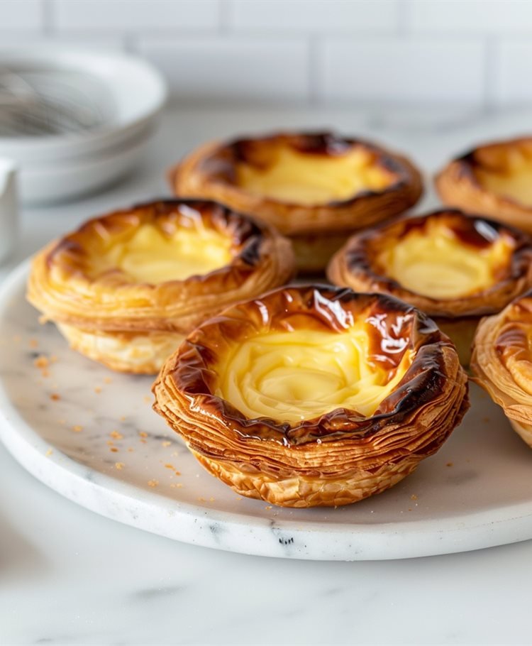 Pastéis de Nata Caseiros, dourados e crocantes, com o creme caramelizado, servidos num tabuleiro