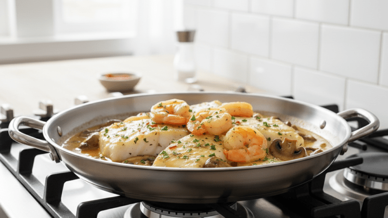 Lombo de Bacalhau Dourado com Camarão Cogumelos . 5 (15)