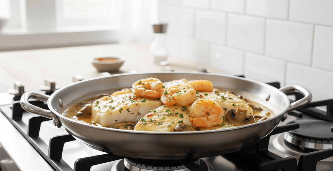Lombo de Bacalhau Dourado com Camarão e Cogumelos