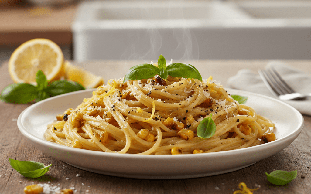 Macarrão Cremoso de Milho Tostado e Limão Receita Viral Prática