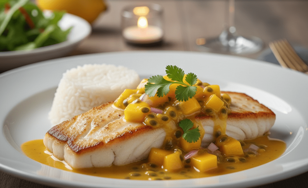 Peixe Grelhado com Molho de Manga e Maracujá