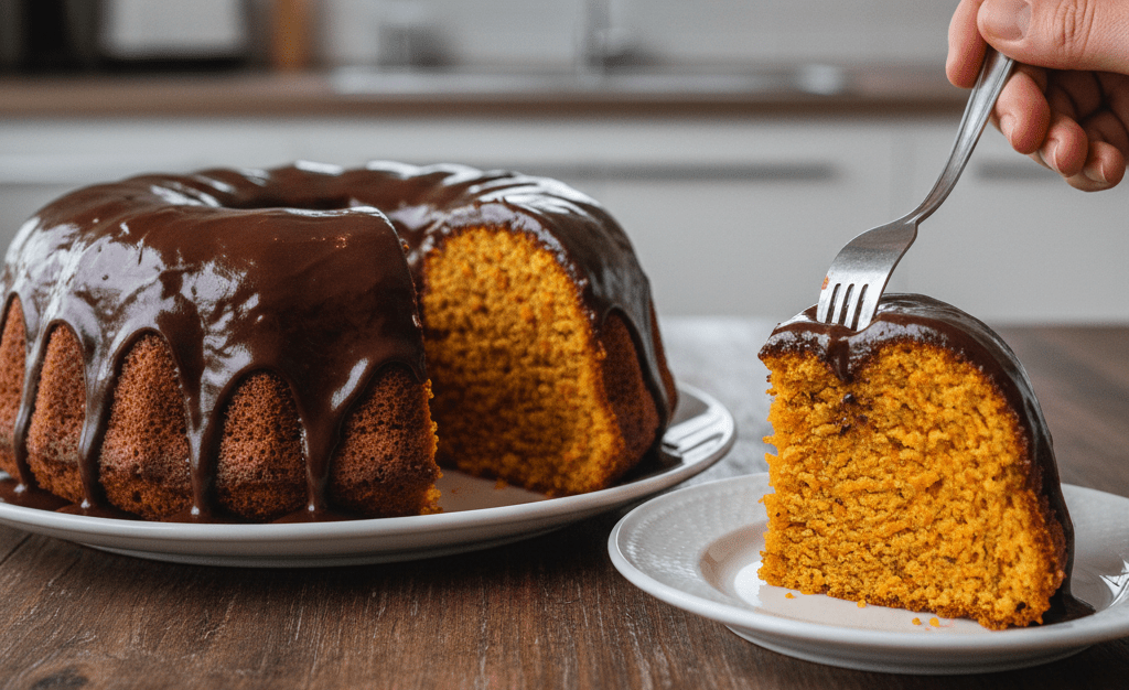 Bolo de Cenoura com Cobertura de Chocolate Craquelada.