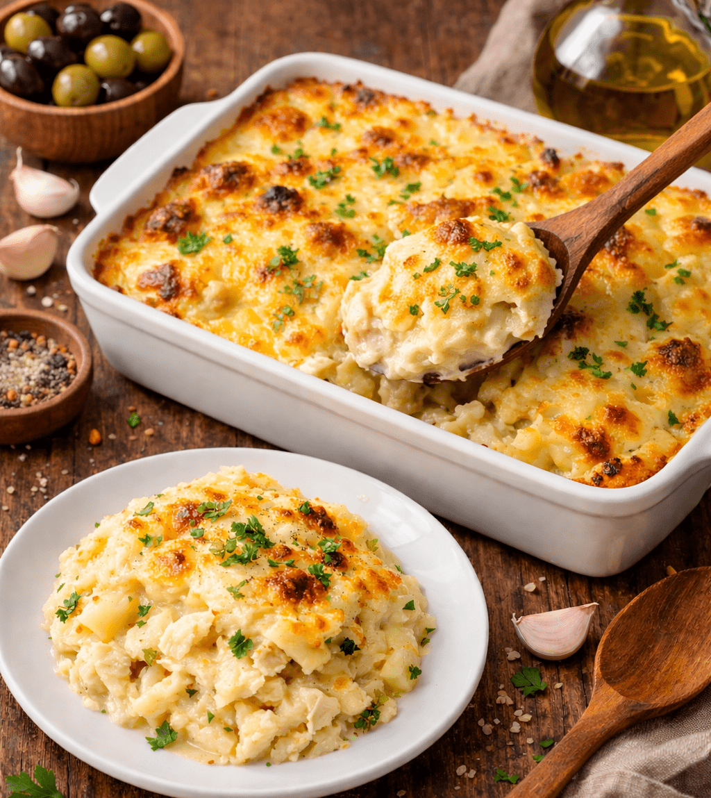 Bacalhau com natas tradicional gratinado num tabuleiro de cerâmica com molho cremoso