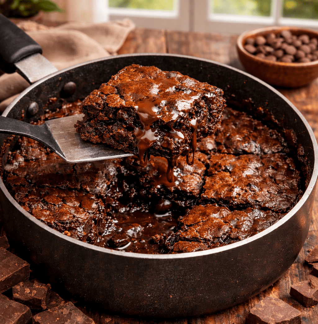 Brownie de chocolate feito na frigideira com textura úmida