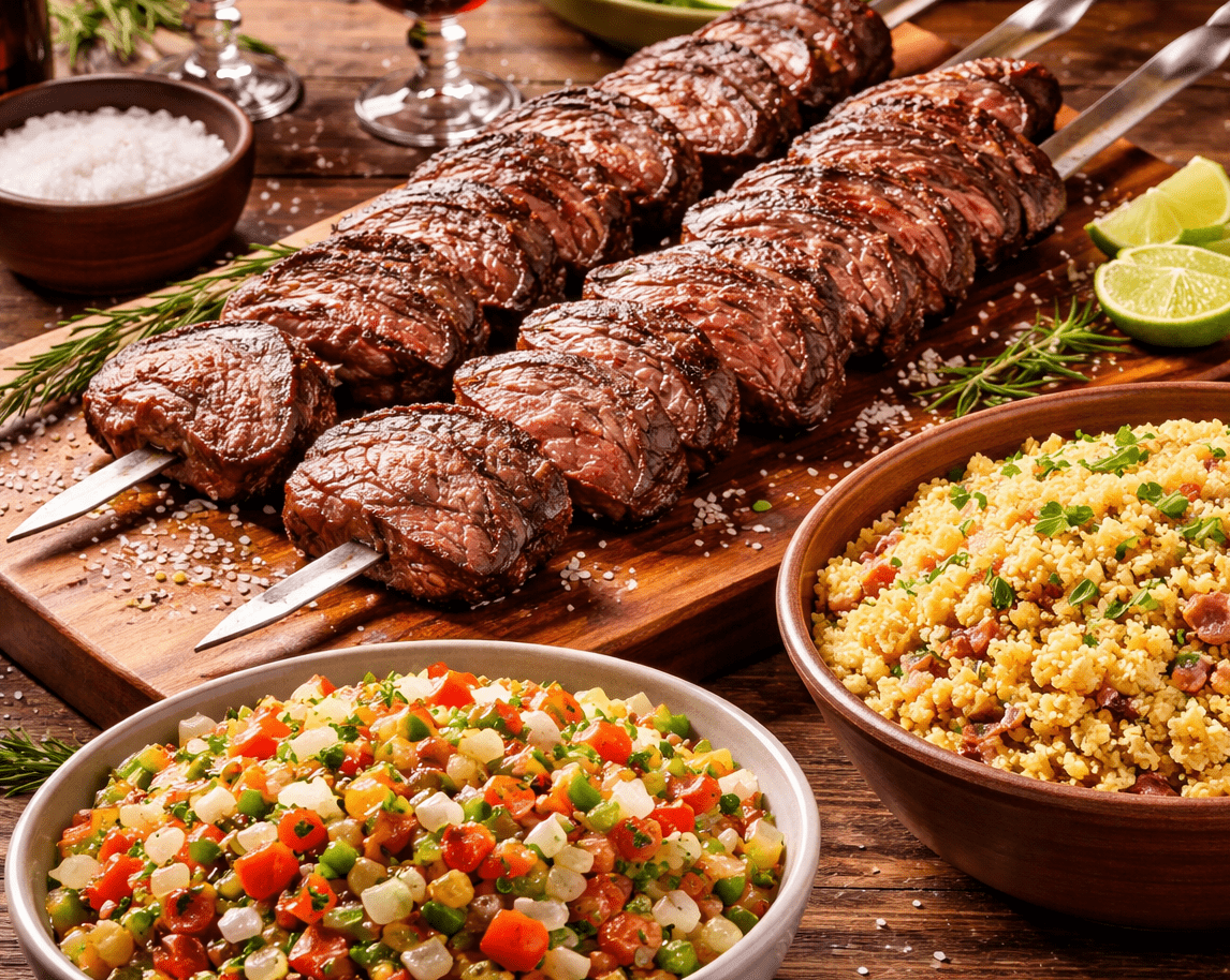 Tigela com vinagrete colorido e travessa de farofa dourada ao lado de carnes assadas