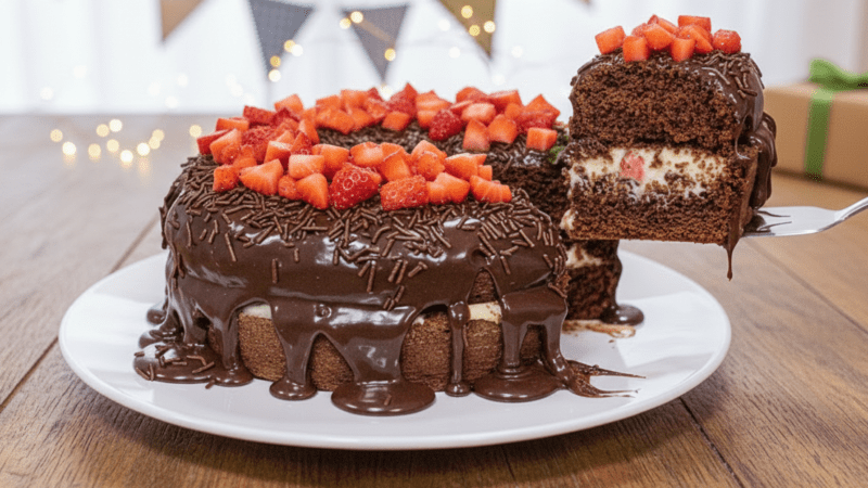 Como Fazer Bolo de Brigadeiro e Morango Receita Fácil 5 (19)