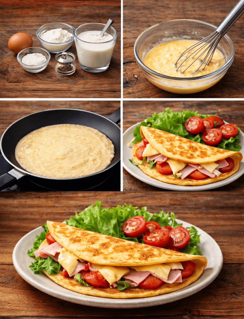 Crepe salgado de frigideira dourado e recheado com queijo derretendo e ervas