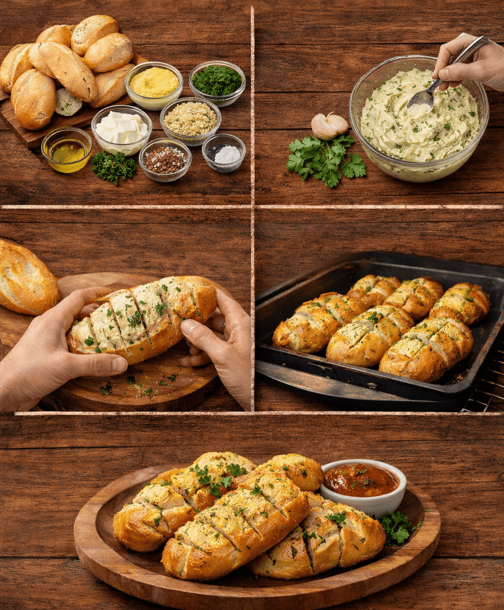 Pão de alho caseiro dourado feito com pão francês amanhecido e recheio de queijo