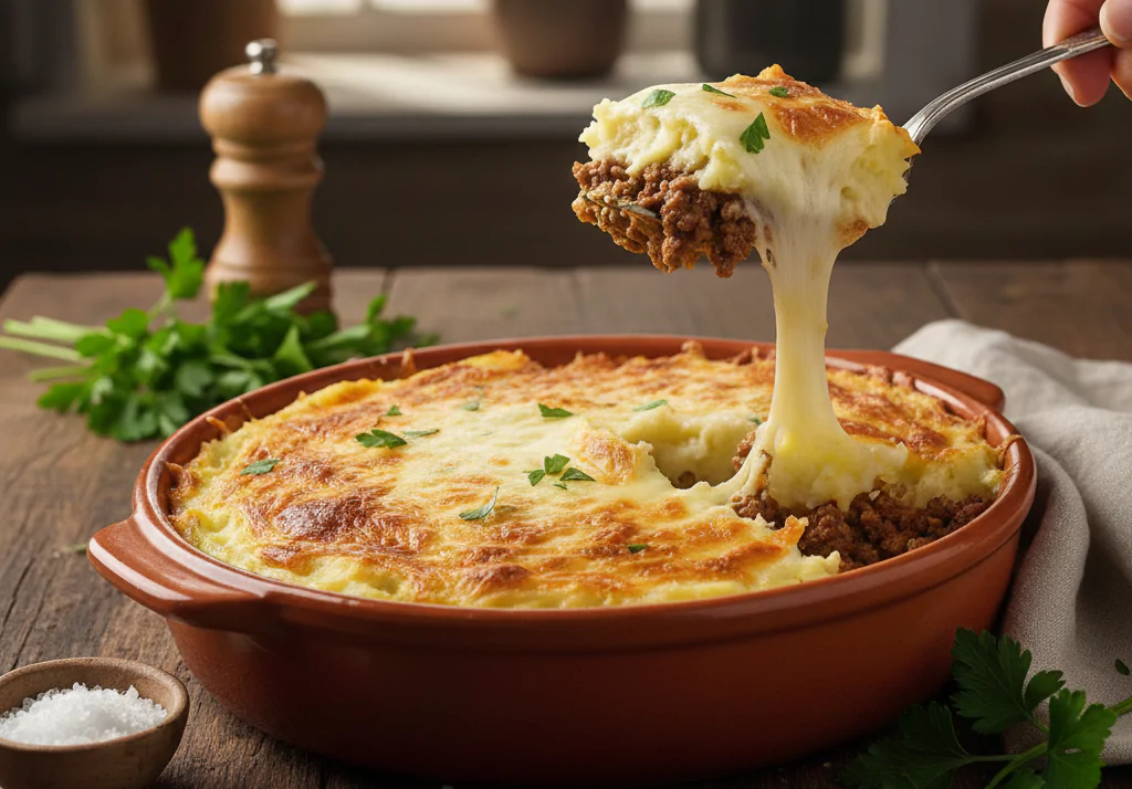 Escondidinho de carne moída gratinado com queijo derretido