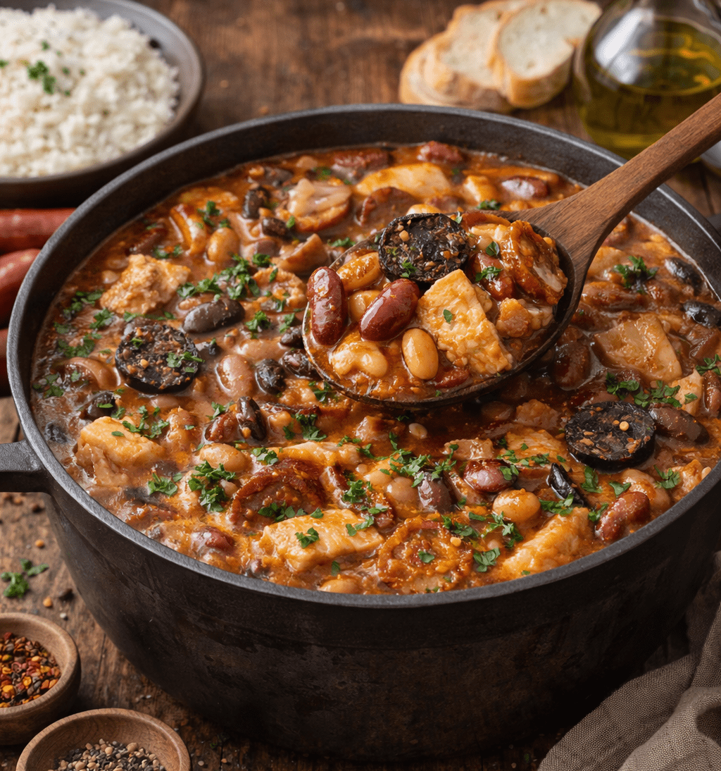 Feijoada à transmontana servida numa panela de barro com feijão encarnado e diversos enchidos