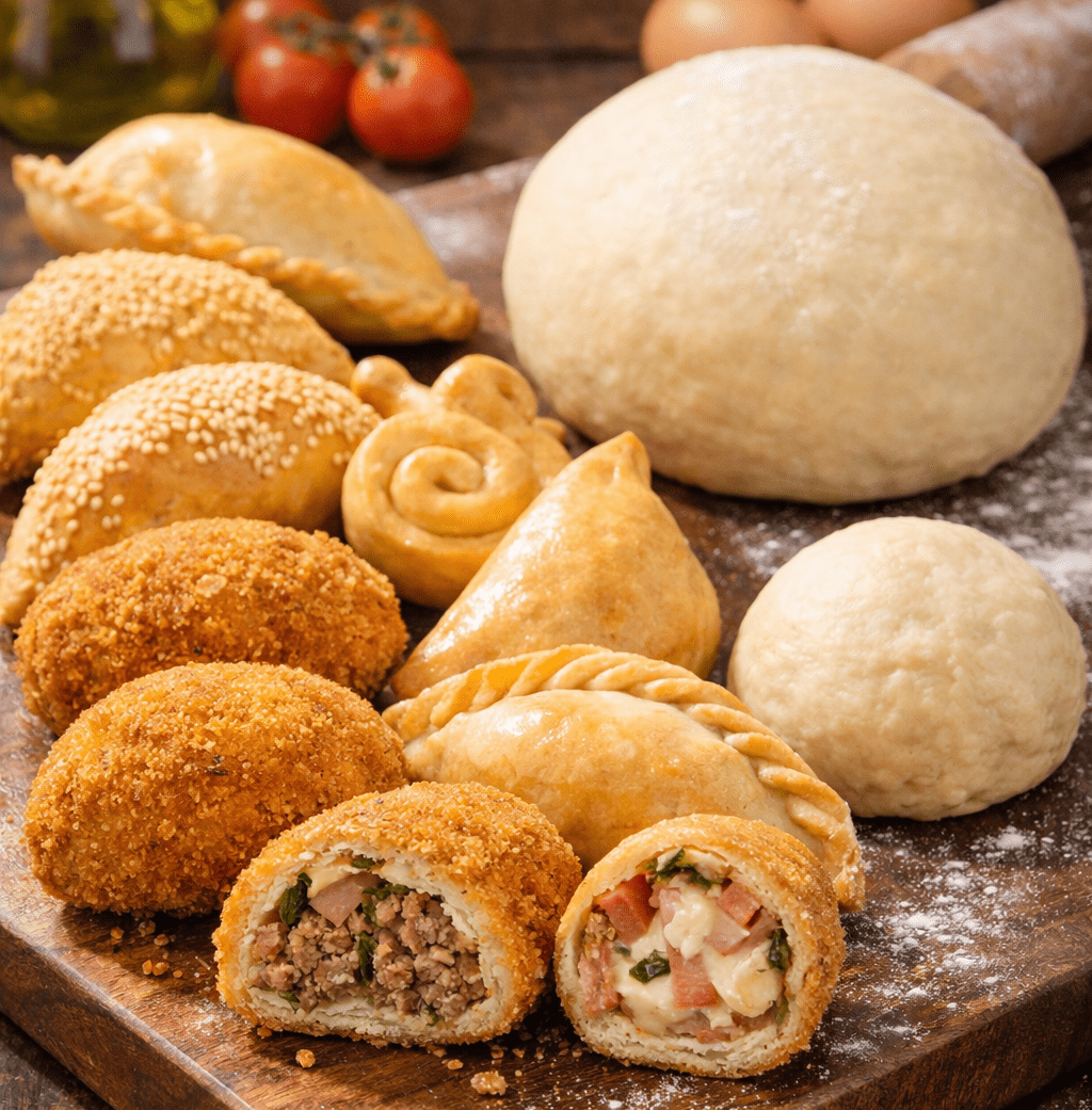 Massa de Salgado Universal cozida e lisa em uma bancada com salgados diversos ao lado