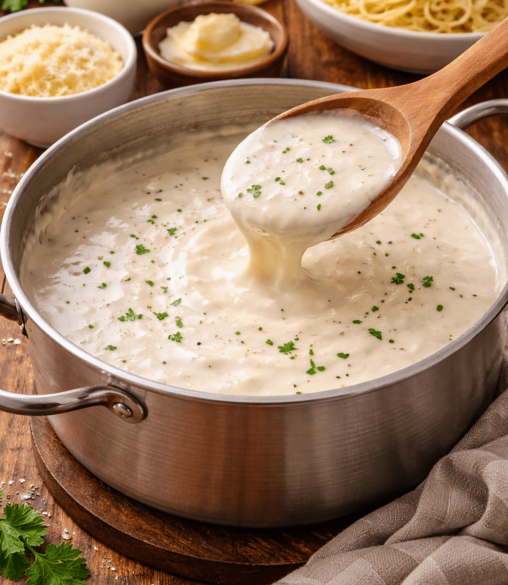 Macarrão penne coberto com molho branco cremoso e salsinha