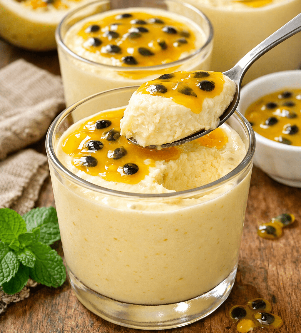 Mousse de maracujá cremoso em uma taça decorado com sementes de maracujá