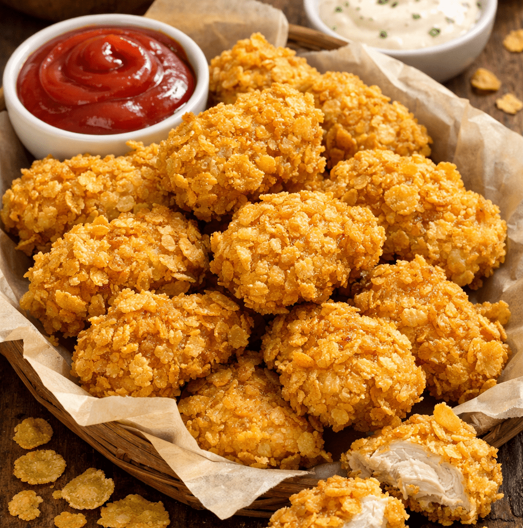 Nuggets de frango caseiros dourados e crocantes servidos com molho em um prato