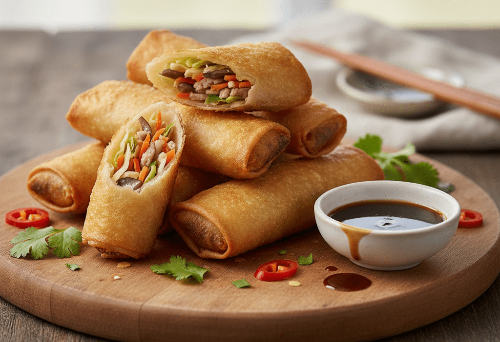 Rolinhos de primavera dourados e crocantes servidos com molho agridoce