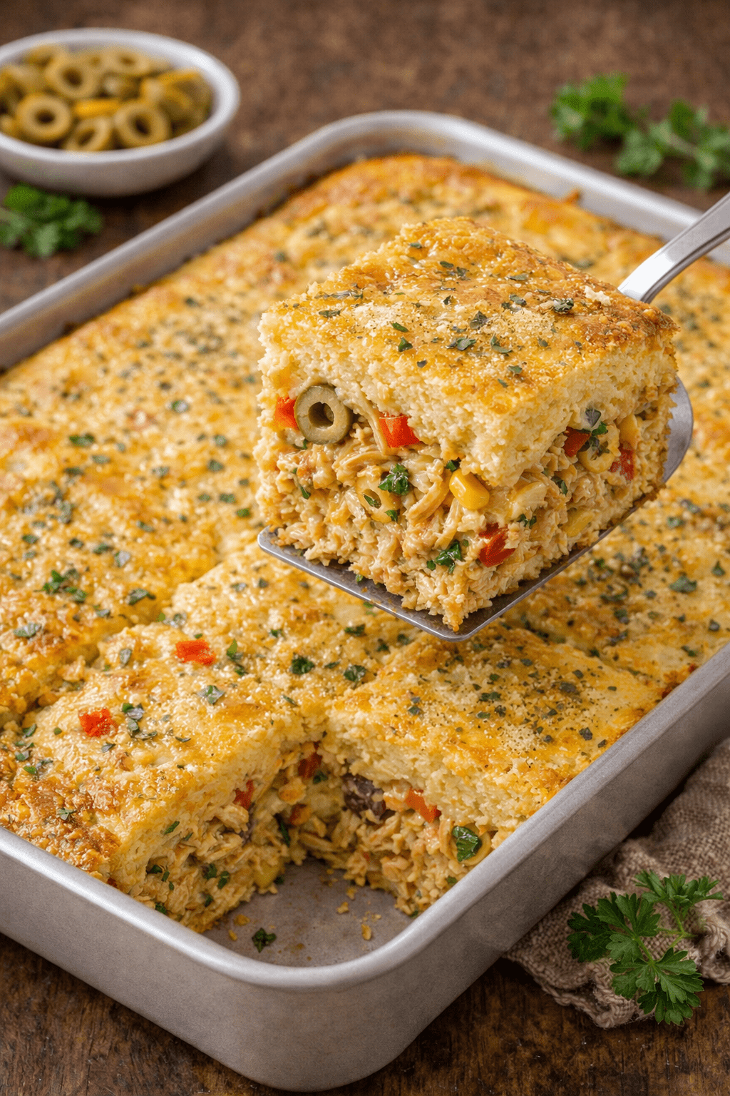 Torta de frango dourada saindo do forno em uma travessa de vidro
