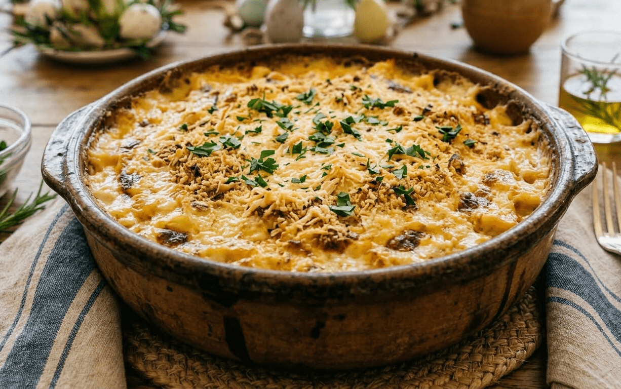 Bacalhau espiritual gratinado em uma travessa branca com crosta dourada e salsa fresca