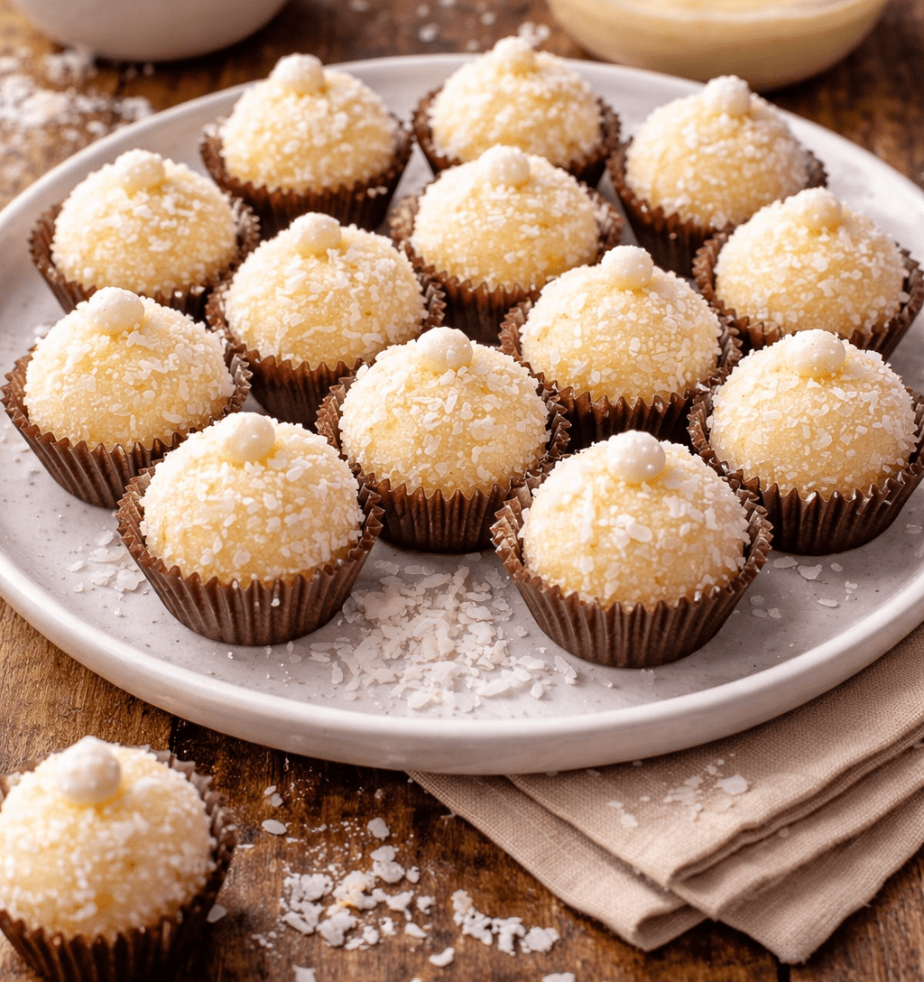 Beijinhos de coco brancos decorados com cravo-da-índia e envoltos em coco ralado, servidos em um prato de festa
