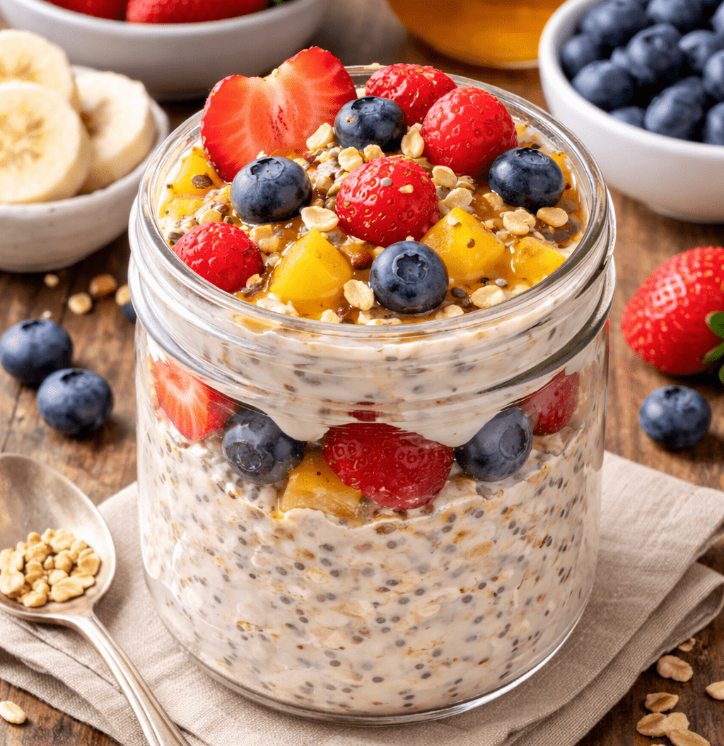 Copo de vidro com camadas de aveia, iogurte branco, morangos picados e mirtilos frescos