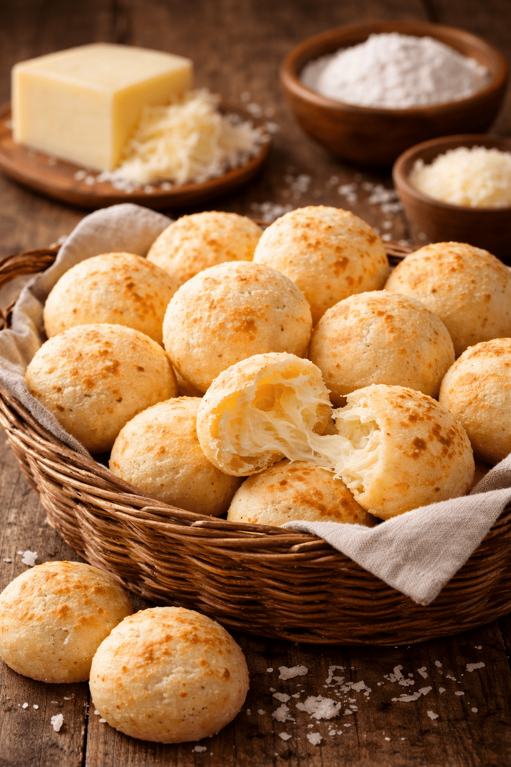 Pães de queijo dourados e crocantes saindo do forno em um cesto de vime tradicional