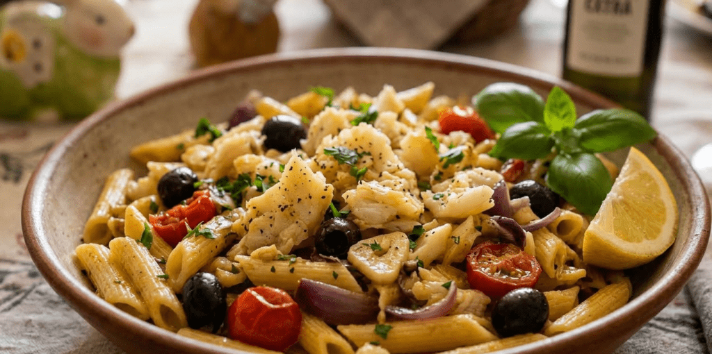 Penne com Lascas de Bacalhau e Azeitonas: Receita Rápida