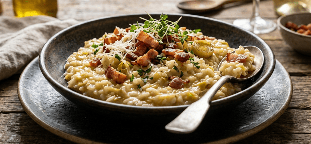 Risoto de Alho-Poró com Bacon: Receita Fácil Muito Cremosa