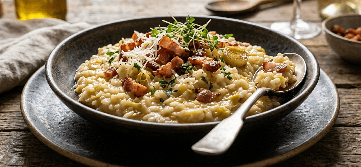 Risoto cremoso de alho-poró com pedaços de bacon crocante servido em prato fundo