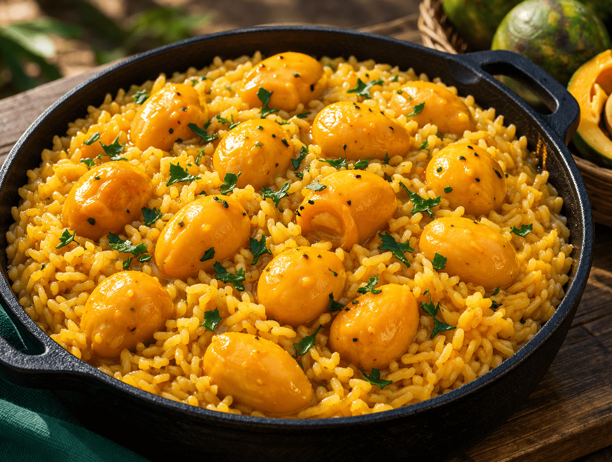 Arroz com pequi bem amarelinho servido em uma panela de barro com temperos frescos