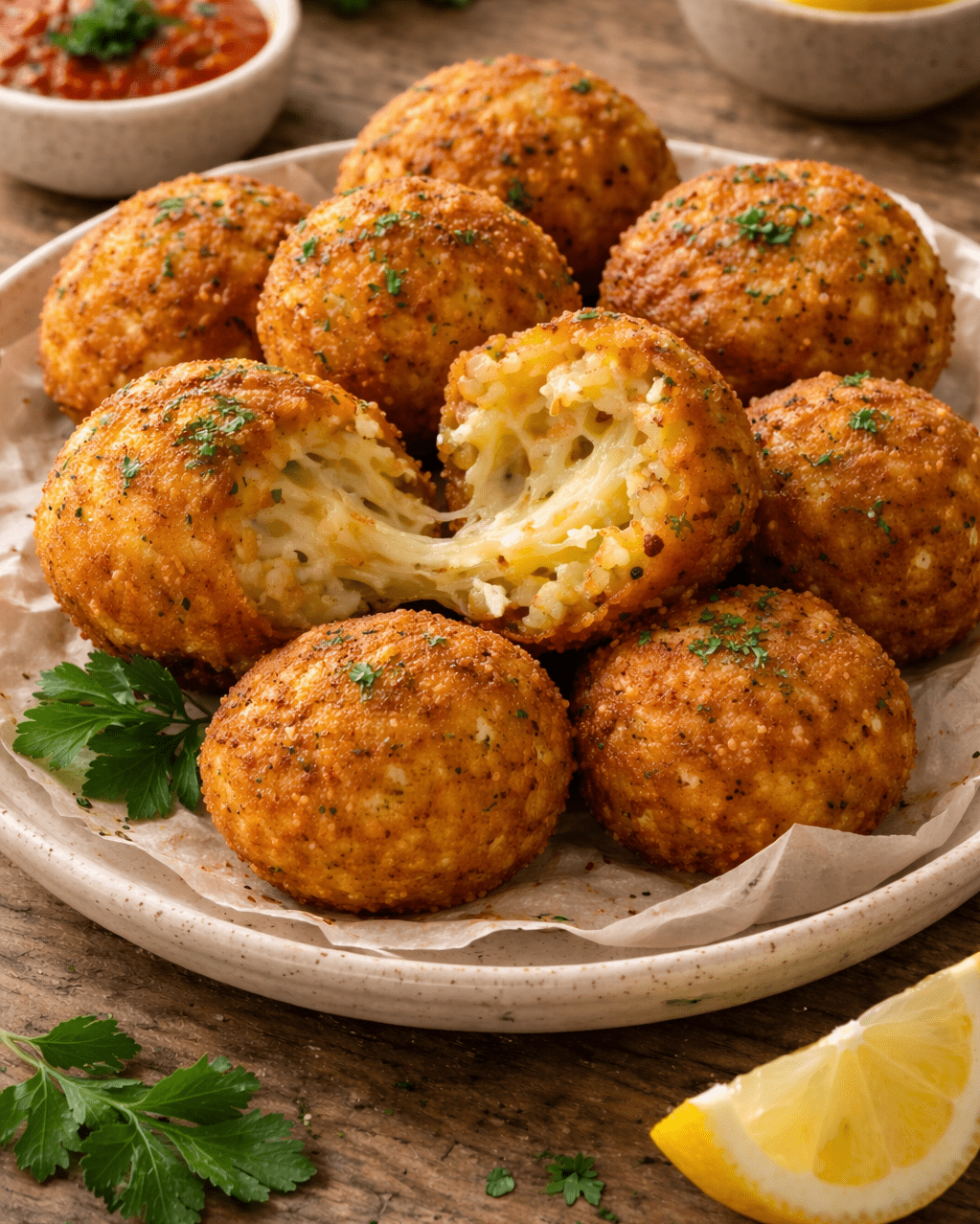 Bolinhos de arroz dourados e crocantes com queijo derretido