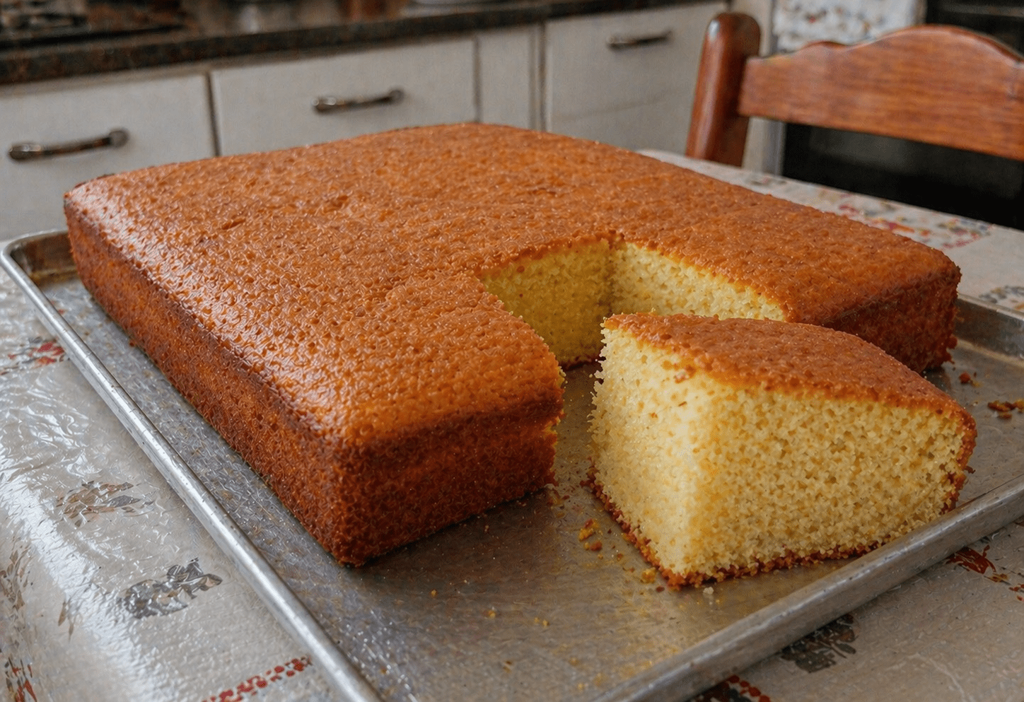 Bolo caseiro tradicional dourado em um prato de louça sobre uma mesa posta para o café
