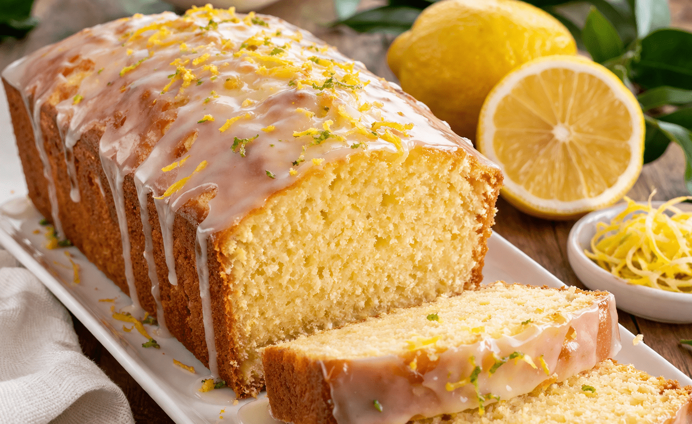 Bolo de limão siciliano decorado com raspas e calda branca em um prato de servir