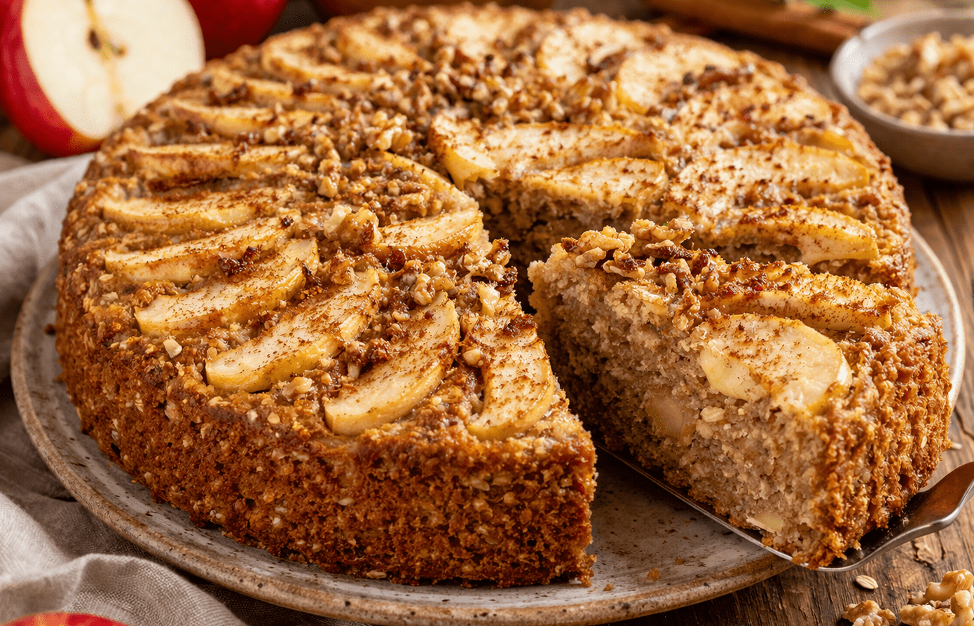 Bolo de maçã integral decorado com fatias de fruta e polvilhado com canela