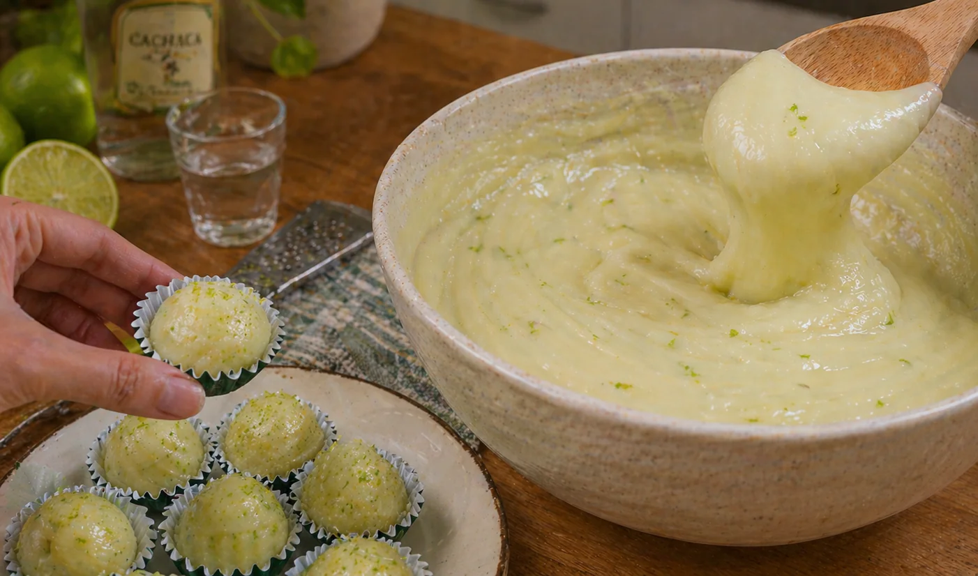 Brigadeiros de caipirinha verdes decorados com raspas de limão