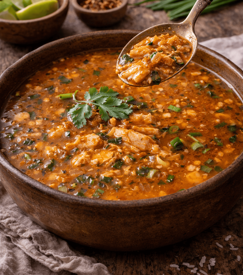 Caldo de piranha denso e avermelhado servido em uma cuia de madeira com coentro por cima