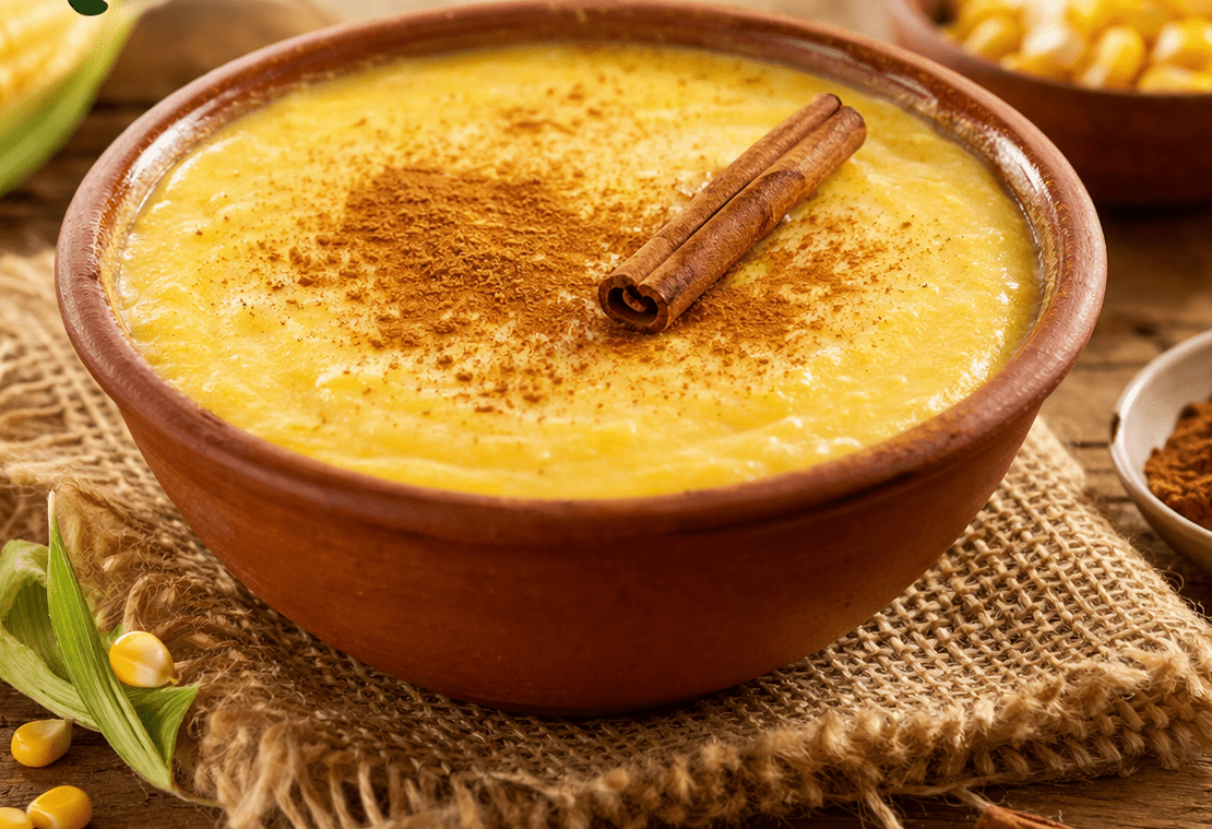 Curau de milho verde polvilhado com canela em uma tigela rústica