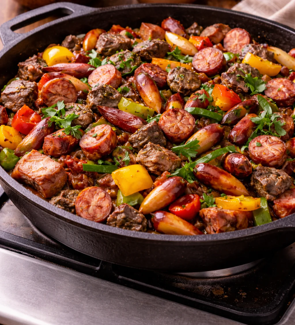 Entrevero de pinhão colorido servido em um disco de arado com carnes e vegetais
