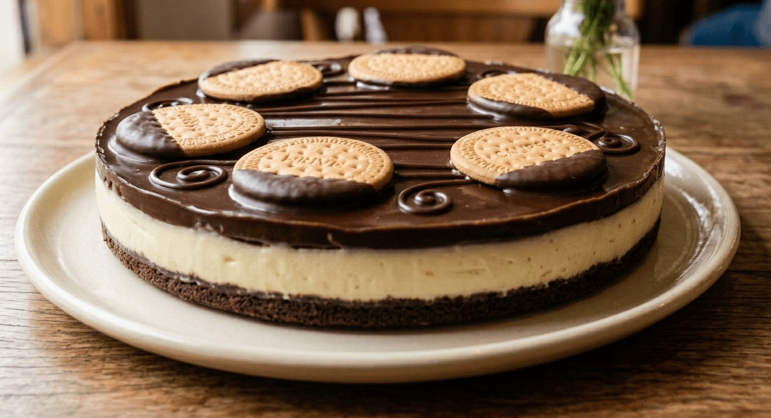Torta holandesa com biscoitos calipso na lateral e cobertura de chocolate brilhante