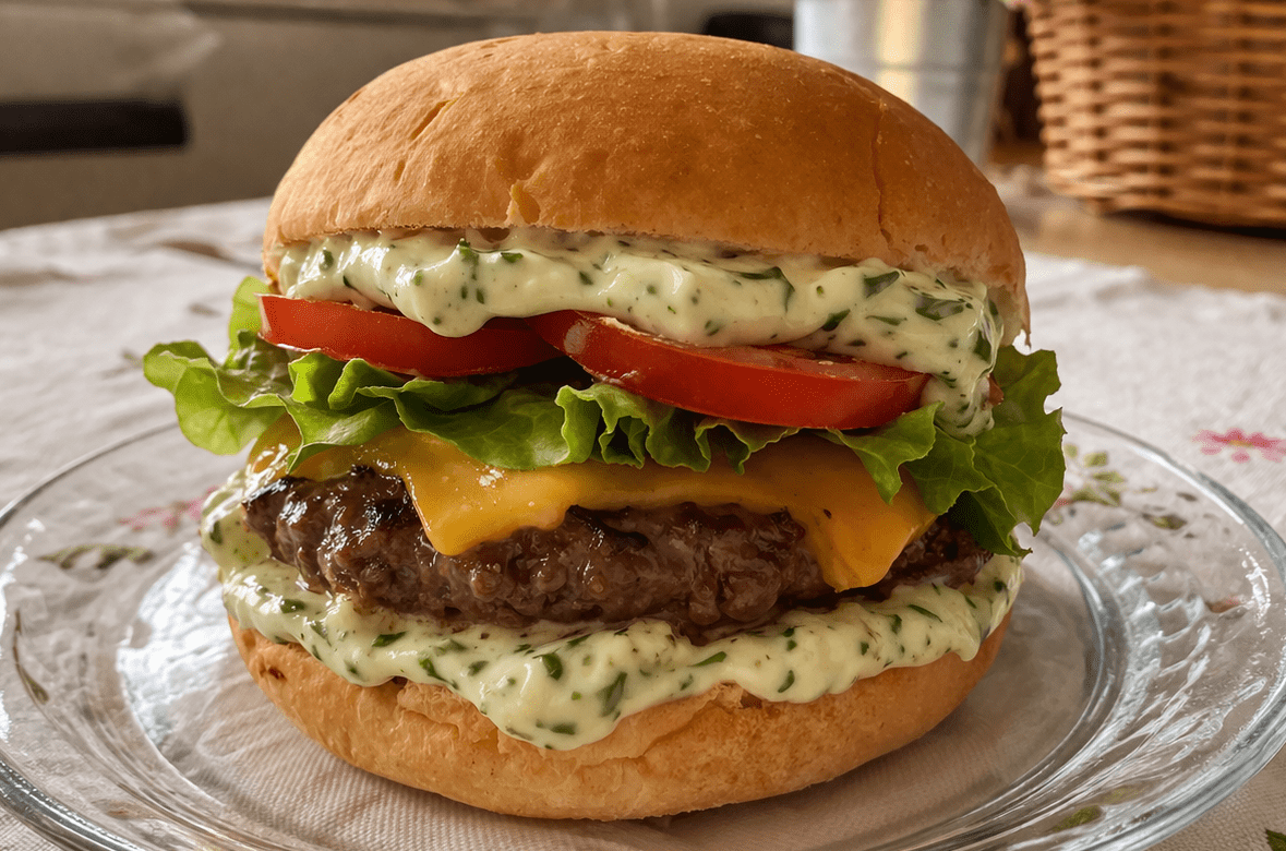 Hambúrguer artesanal com queijo derretido, alface, tomate, bacon crocante e maionese verde de ervas