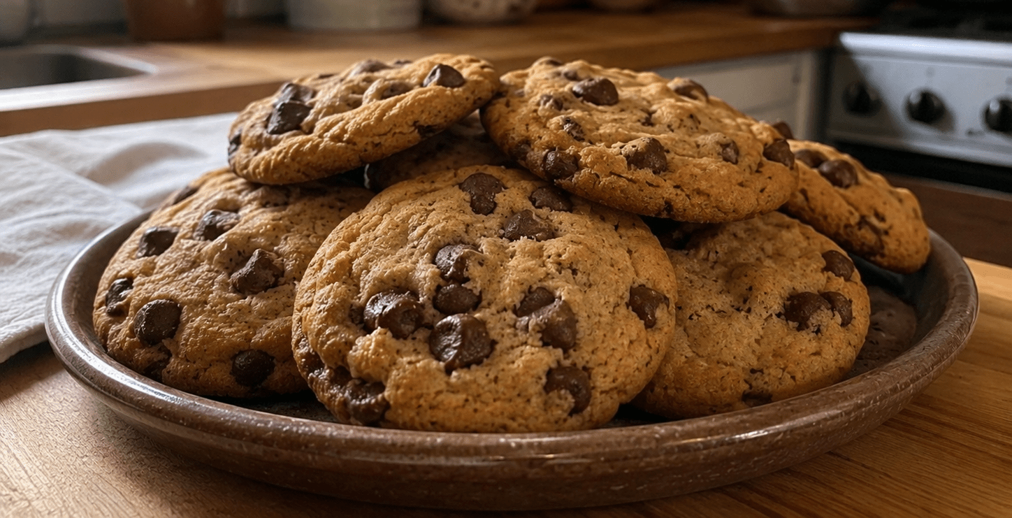 Cookies de chocolate com gotas generosas dispostos sobre uma grade de resfriamento