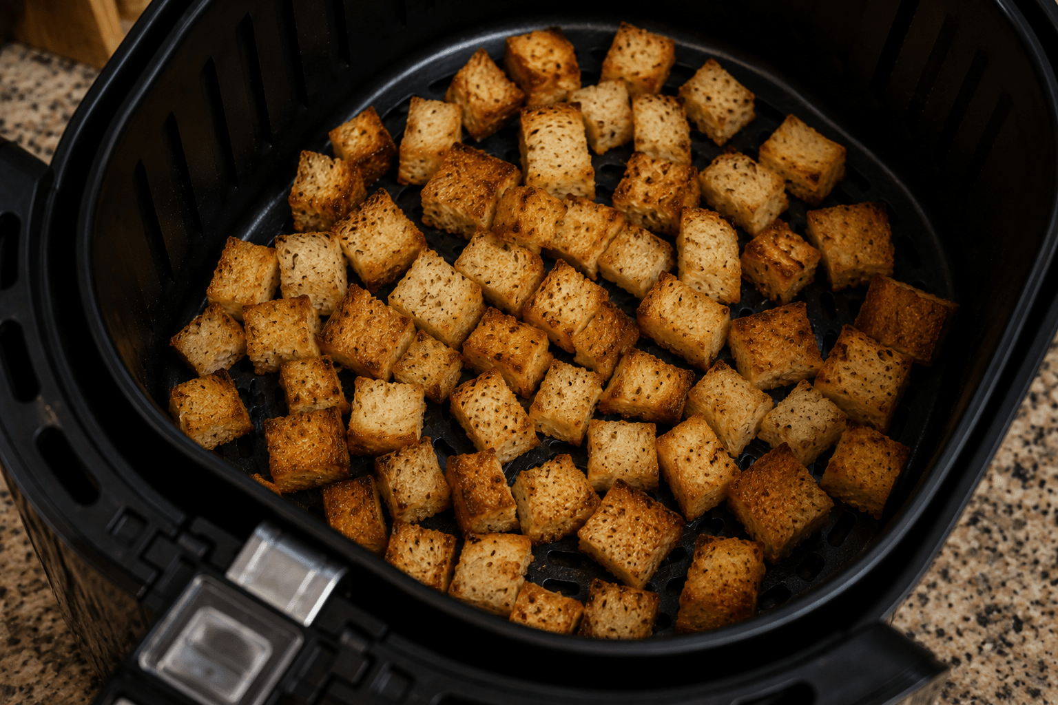 Cubos de pão dourados e crocantes salpicados com ervas finas em uma assadeira