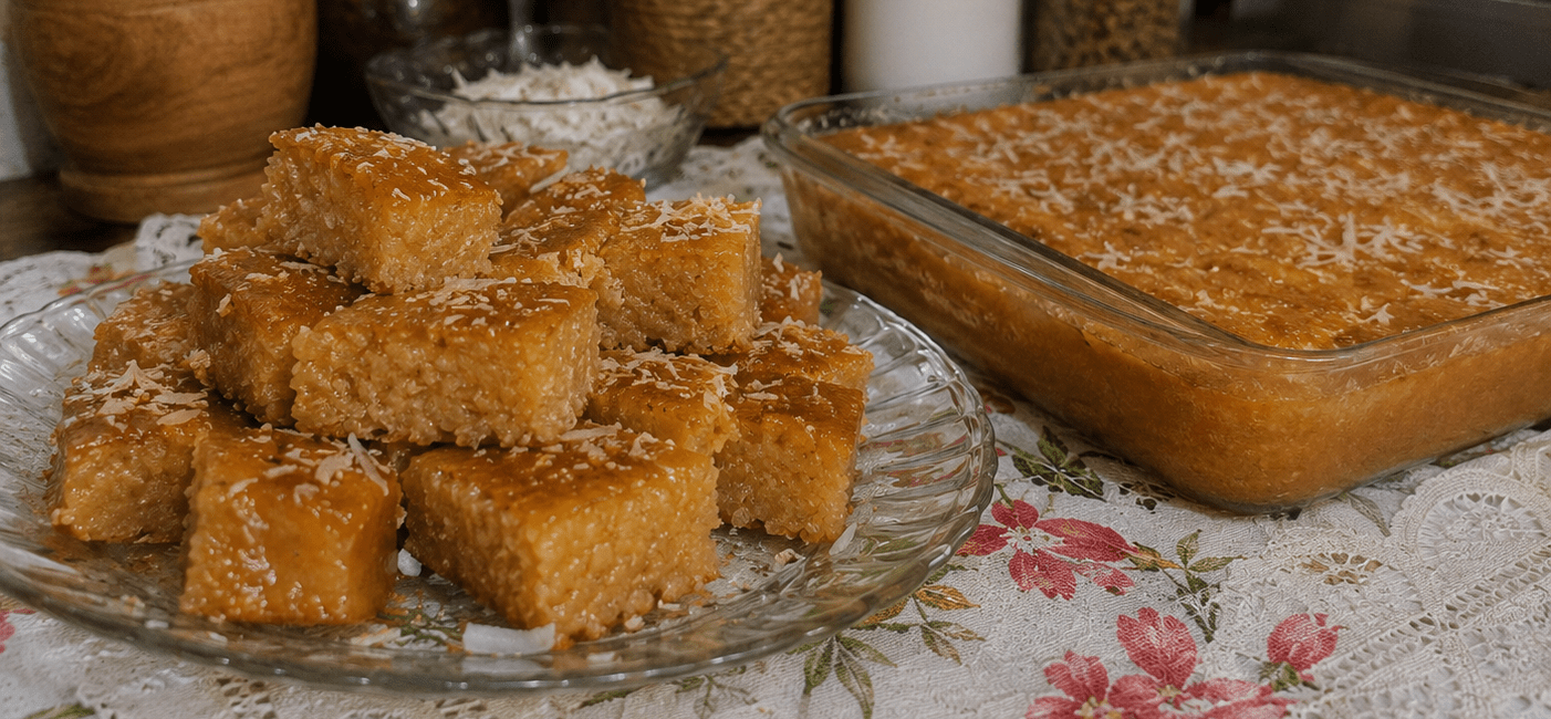Doce de espécie maranhense redondo com bordas recortadas em massa fina e recheio de coco dourado por cima