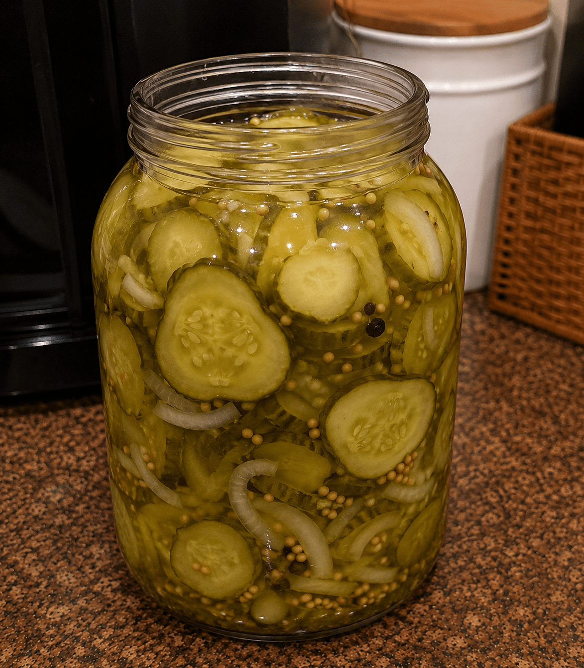 Picles caseiro de pepino em conserva cortado em rodelas dentro de um pote de vidro transparente