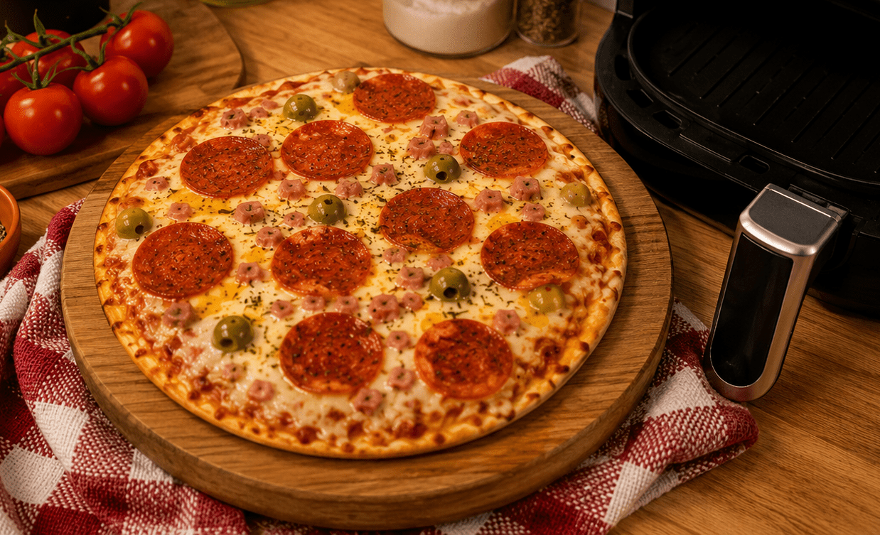 Pizza de frigideira dourada com queijo derretido e manjericão feita na airfryer