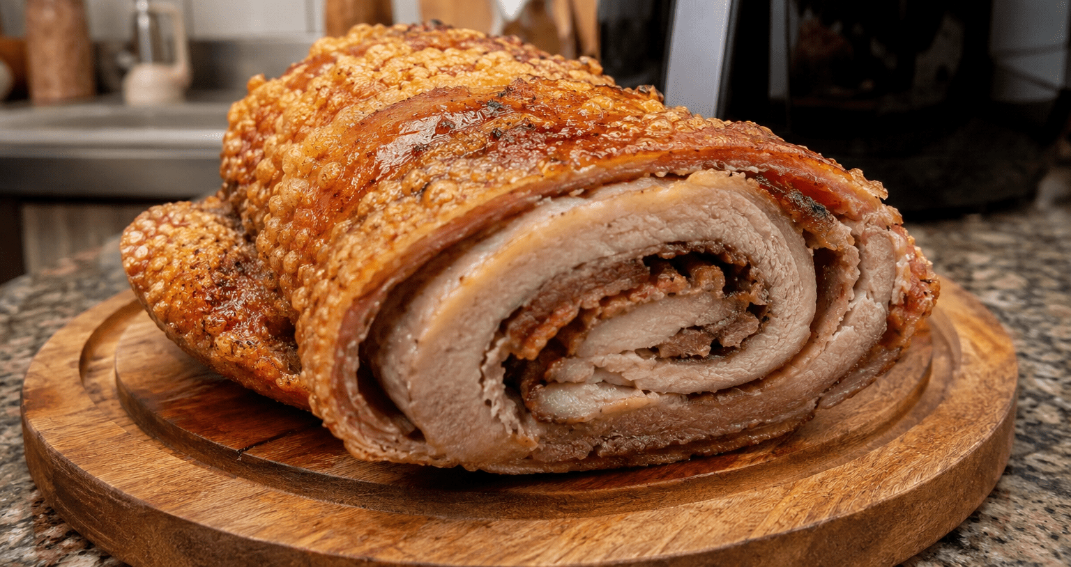 Torresmo de rolo fatiado e pururucado na airfryer com fatias de limão ao redor