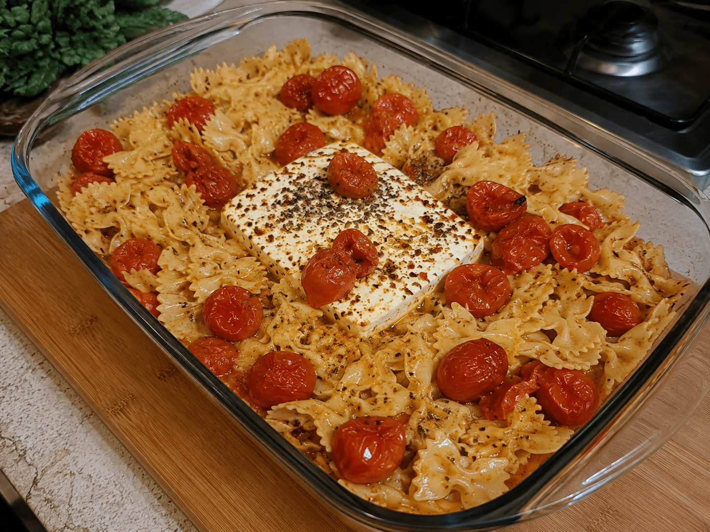 Macarrão cremoso de forno com molho vermelho e queijo feta derretido e dourado