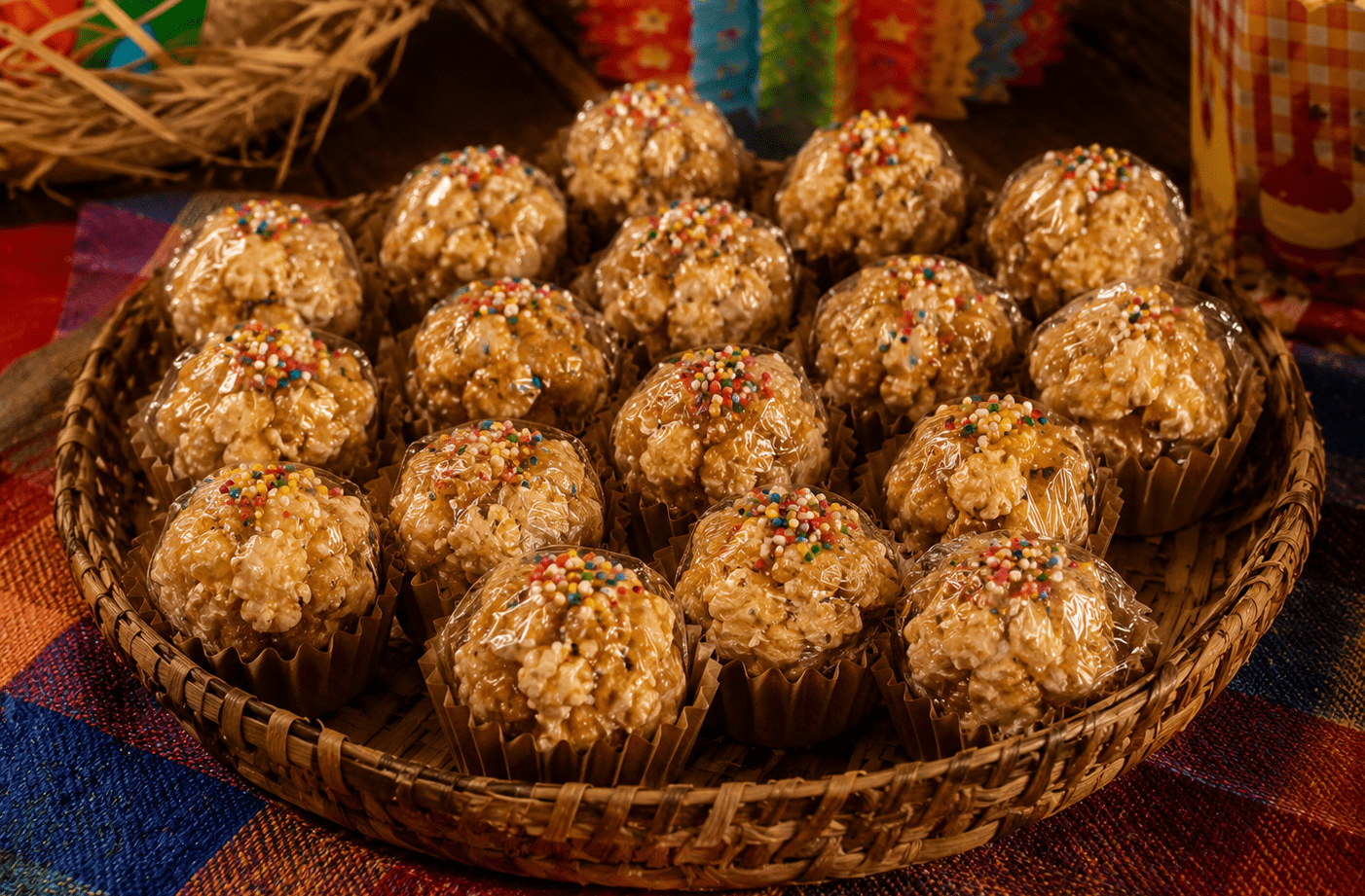 Brigadeiros gourmet decorados com mini pipocas crocantes dispostos em uma bandeja de festa junina