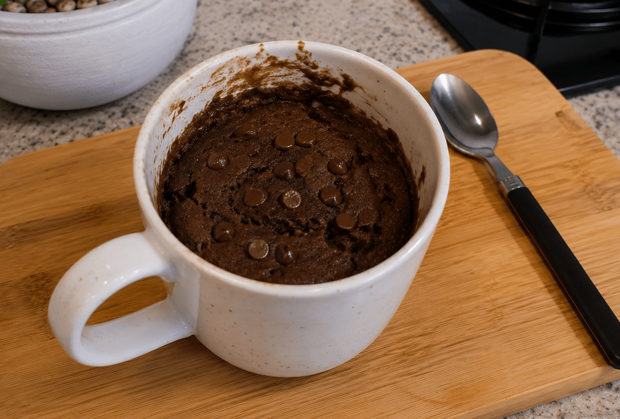 Cookie de caneca quentinho com gotas de chocolate derretendo saindo do micro-ondas